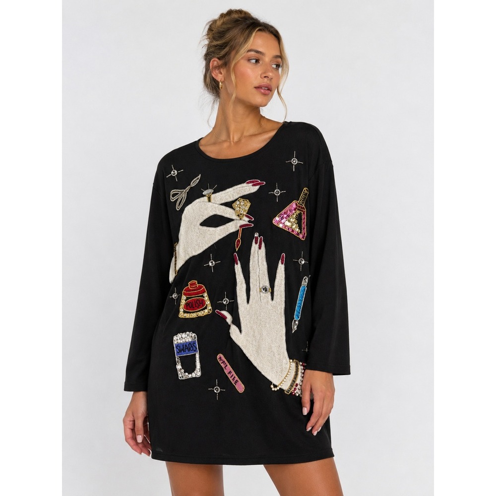 VTG 80s Nail Salon Beaded Sequin Tunic Dress Medium Black Art To Wear Nail Tech